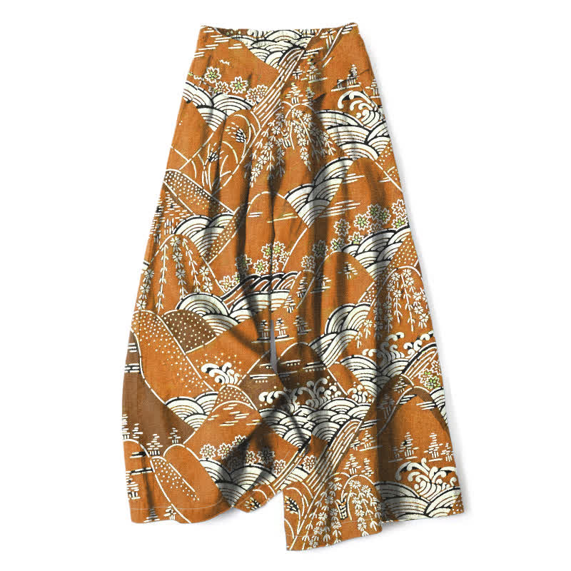 Buddha Stones Pantalon large à taille élastique et poches pour femme, en coton et lin, motif vagues japonaises - verge d'or - US16，UK/AU20，EU48 (3XL) - image 4