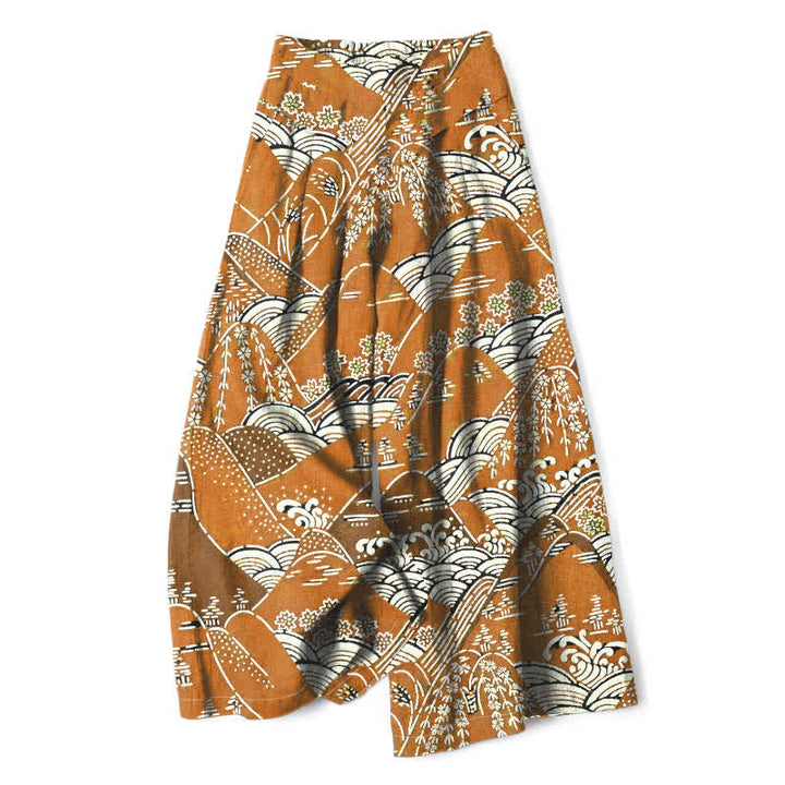 Buddha Stones Pantalon large à taille élastique et poches pour femme, en coton et lin, motif vagues japonaises - verge d'or - US16，UK/AU20，EU48 (3XL) - image 4