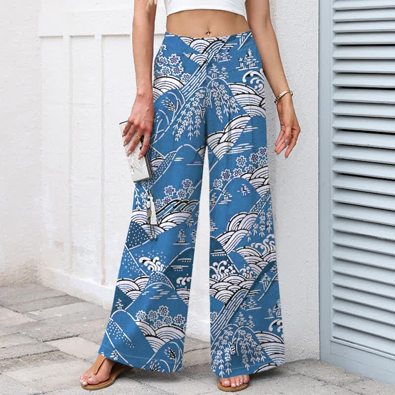 Buddha Stones Pantalon large à taille élastique et poches pour femme, en coton et lin, motif vagues japonaises - image 7