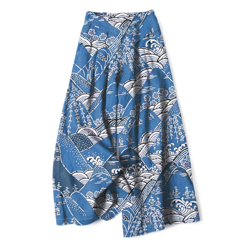 Buddha Stones Pantalon large à taille élastique et poches pour femme, en coton et lin, motif vagues japonaises - Bleuet - US16，UK/AU20，EU48 (3XL) - image 6
