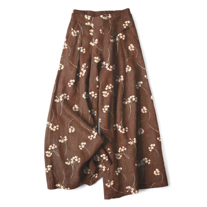 Buddha Stones Pantalon large à taille élastique et poches pour femme, en coton et lin, motif bouquet de fleurs - Terre de sienne - US16，UK/AU20，EU48 (3XL) - image 0