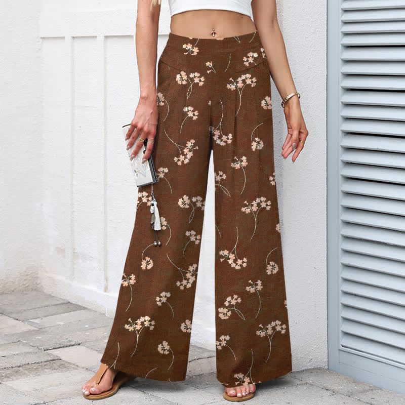 Buddha Stones Pantalon large à taille élastique et poches pour femme, en coton et lin, motif bouquet de fleurs - image 1