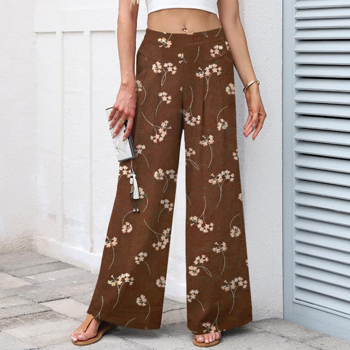 Buddha Stones Pantalon large à taille élastique et poches pour femme, en coton et lin, motif bouquet de fleurs - image 1