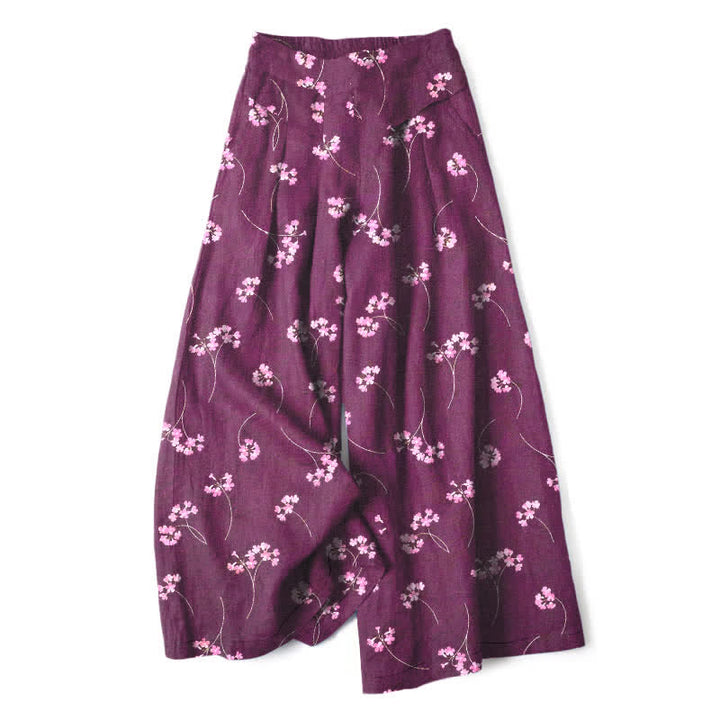 Buddha Stones Pantalon large à taille élastique et poches pour femme, en coton et lin, motif bouquet de fleurs - Violet - US16，UK/AU20，EU48 (3XL) - image 4