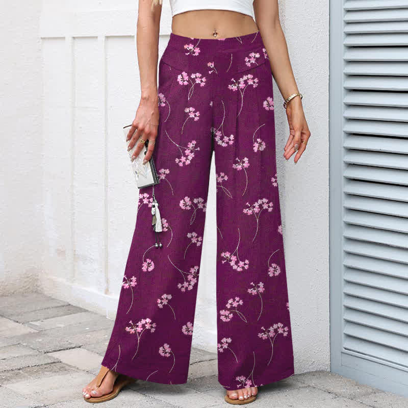 Buddha Stones Pantalon large à taille élastique et poches pour femme, en coton et lin, motif bouquet de fleurs - image 5