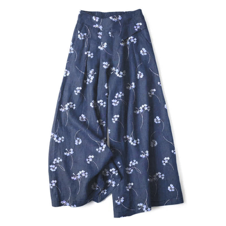 Buddha Stones Pantalon large à taille élastique et poches pour femme, en coton et lin, motif bouquet de fleurs - SteelBlue - US16，UK/AU20，EU48 (3XL) - image 6