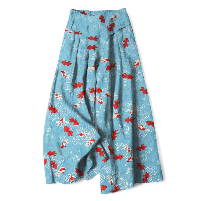 Buddha Stones Pantalon large en coton et lin à motif de carpes koï pour femme, taille élastique et poches - Bleu ciel clair - US16，UK/AU20，EU48 (3XL) - image 0