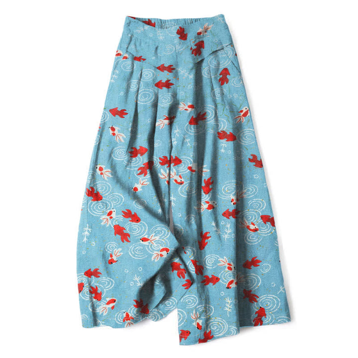 Buddha Stones Pantalon large en coton et lin à motif de carpes koï pour femme, taille élastique et poches - Bleu ciel clair - US16，UK/AU20，EU48 (3XL) - image 0