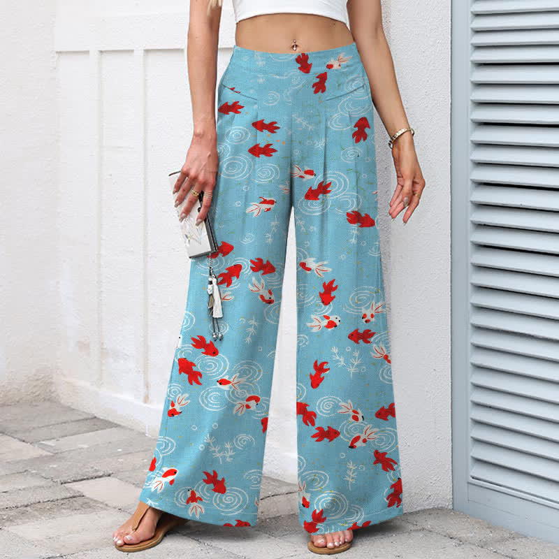 Buddha Stones Pantalon large en coton et lin à motif de carpes koï pour femme, taille élastique et poches - image 1