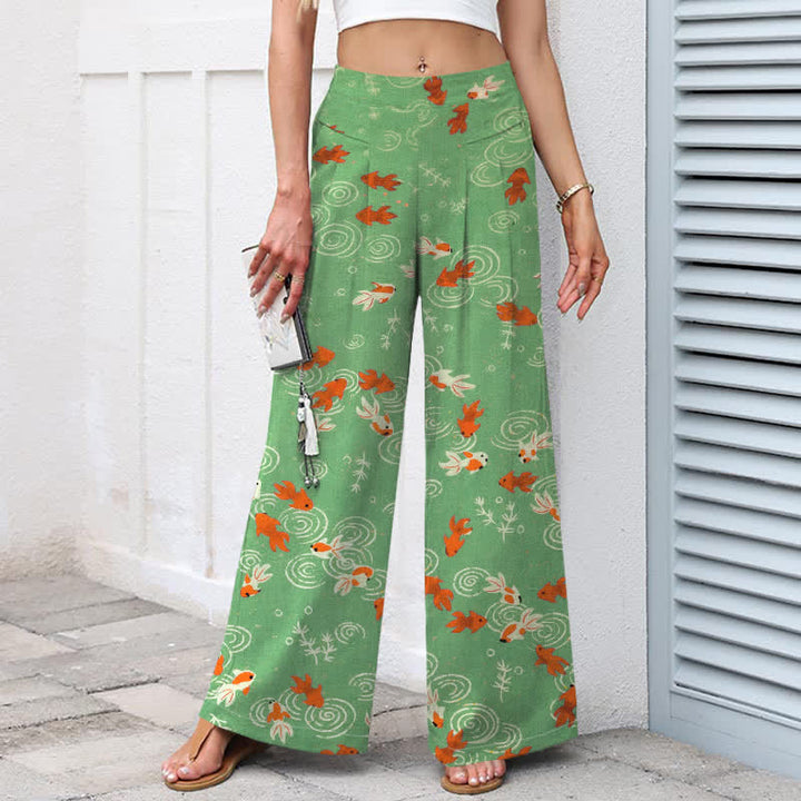 Buddha Stones Pantalon large en coton et lin à motif de carpes koï pour femme, taille élastique et poches - image 5