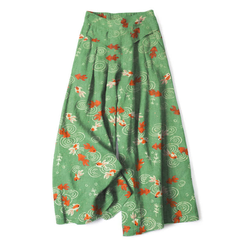 Buddha Stones Pantalon large en coton et lin à motif de carpes koï pour femme, taille élastique et poches - Vert citron - US16，UK/AU20，EU48 (3XL) - image 4