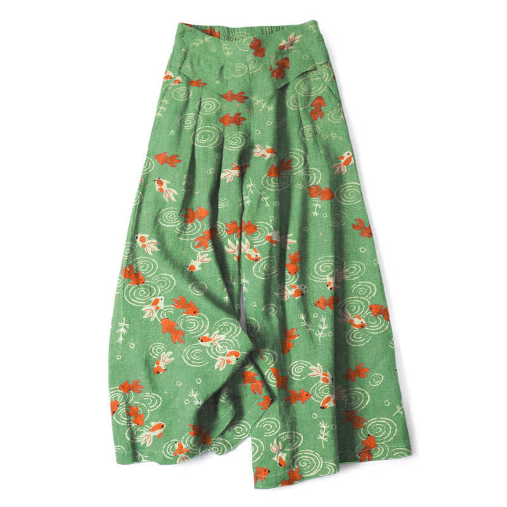 Buddha Stones Pantalon large en coton et lin à motif de carpes koï pour femme, taille élastique et poches - Vert citron - US16，UK/AU20，EU48 (3XL) - image 4