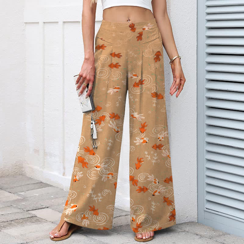 Buddha Stones Pantalon large en coton et lin à motif de carpes koï pour femme, taille élastique et poches - image 7