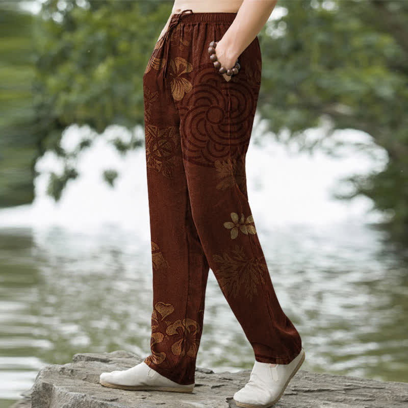 Buddha Stones Pantalon fuselé pour homme en coton à motif floral vintage avec poches - image 1