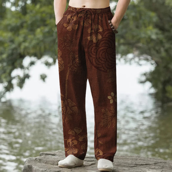 Buddha Stones Pantalon fuselé pour homme en coton à motif floral vintage avec poches - SaddleBrown - US/UK/AU50，EU60 (5XL) - image 0