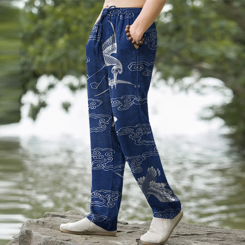 Buddha Stones Pantalon fuselé pour homme en coton à motif de grues blanches et de nuages ​​porte-bonheur, avec poches - image 1