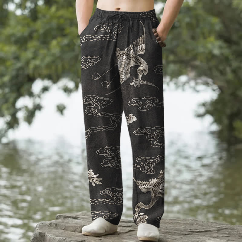 Buddha Stones Pantalon fuselé pour homme en coton à motif de grues blanches et de nuages ​​porte-bonheur, avec poches - Noir - US/UK/AU50，EU60 (5XL) - image 4
