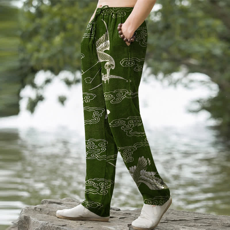 Buddha Stones Pantalon fuselé pour homme en coton à motif de grues blanches et de nuages ​​porte-bonheur, avec poches - image 7