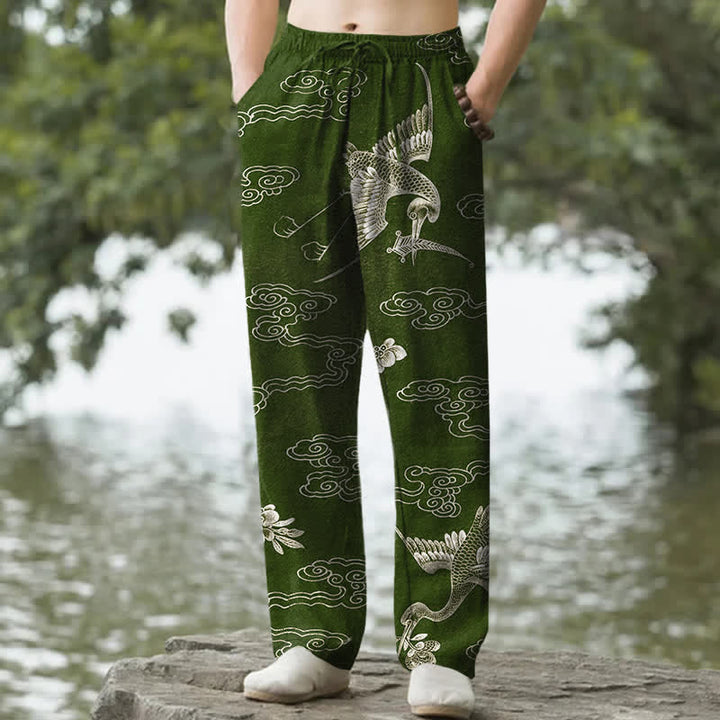Buddha Stones Pantalon fuselé pour homme en coton à motif de grues blanches et de nuages ​​porte-bonheur, avec poches - Vert olive foncé - US/UK/AU50，EU60 (5XL) - image 6