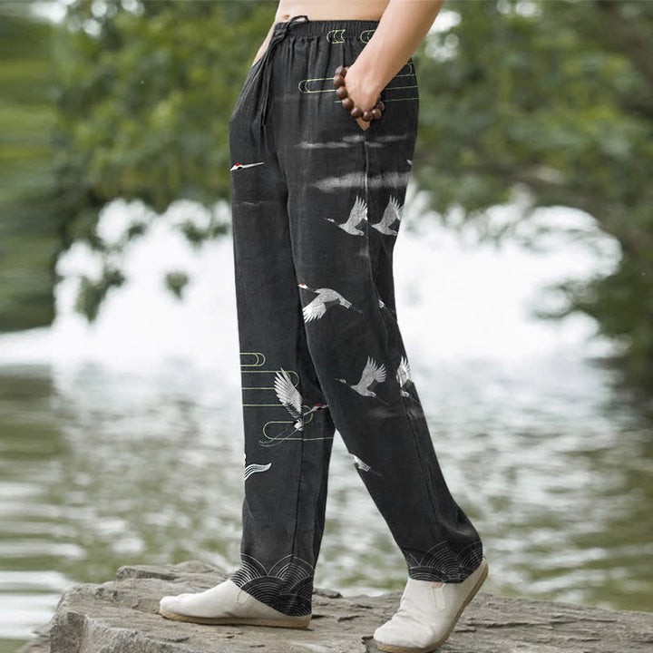 Buddha Stones Pantalon fuselé pour homme en coton blanc à motif de vagues et grues, avec poches - image 1
