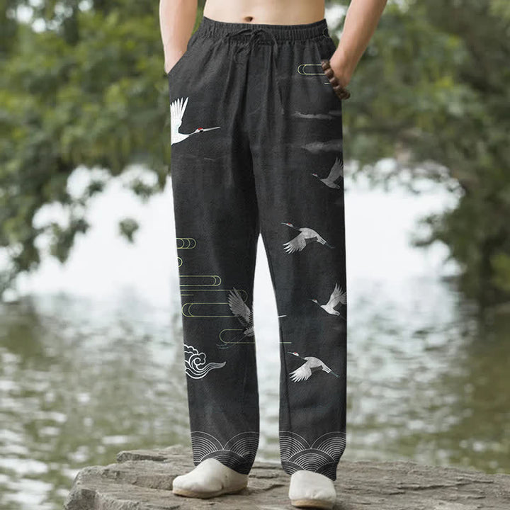 Buddha Stones Pantalon fuselé pour homme en coton blanc à motif de vagues et grues, avec poches - Noir - US/UK/AU50，EU60 (5XL) - image 0
