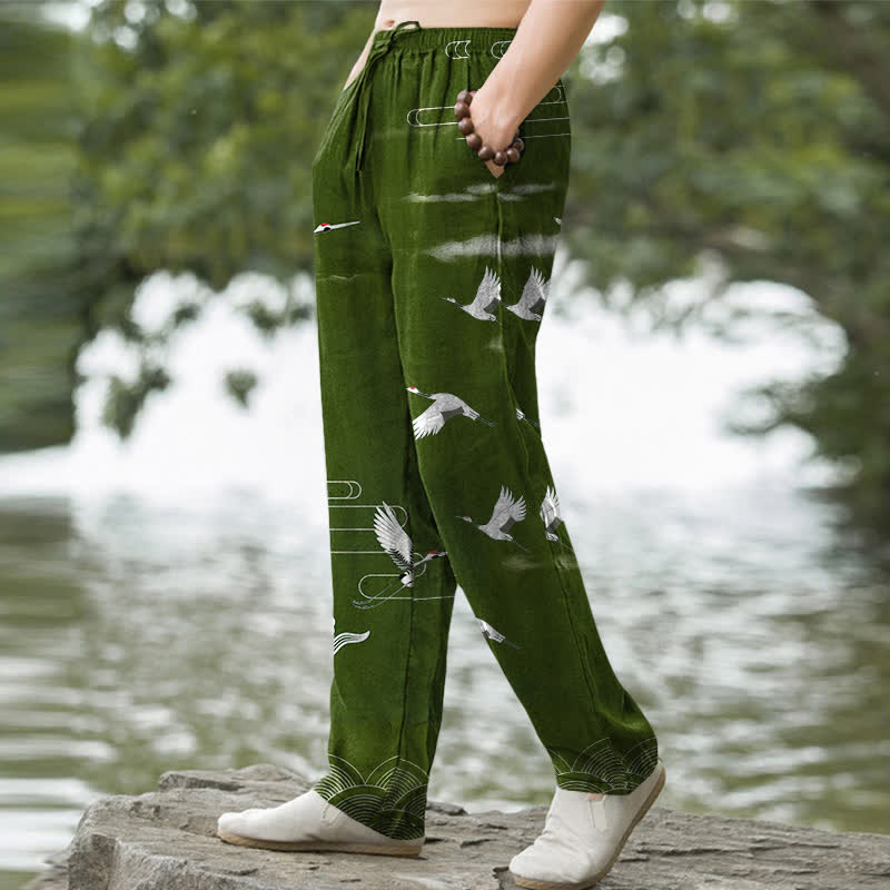 Buddha Stones Pantalon fuselé pour homme en coton blanc à motif de vagues et grues, avec poches - image 5