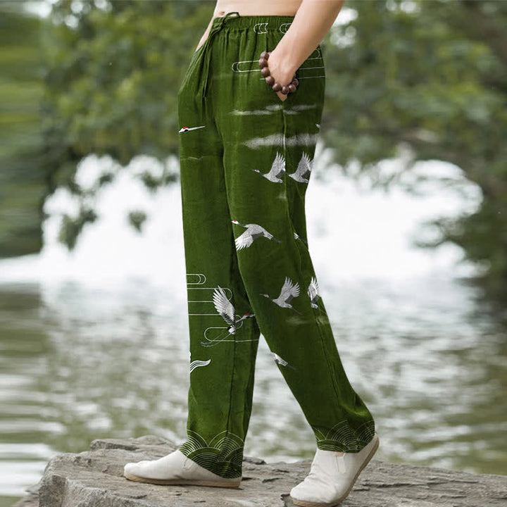 Buddha Stones Pantalon fuselé pour homme en coton blanc à motif de vagues et grues, avec poches - image 5