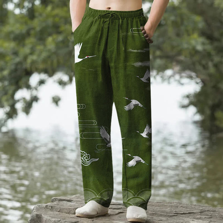 Buddha Stones Pantalon fuselé pour homme en coton blanc à motif de vagues et grues, avec poches - Vert forêt - US/UK/AU50，EU60 (5XL) - image 4