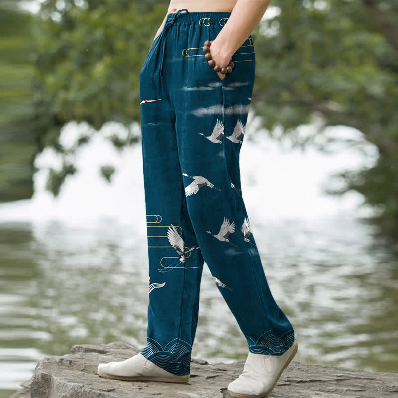 Buddha Stones Pantalon fuselé pour homme en coton blanc à motif de vagues et grues, avec poches - image 7