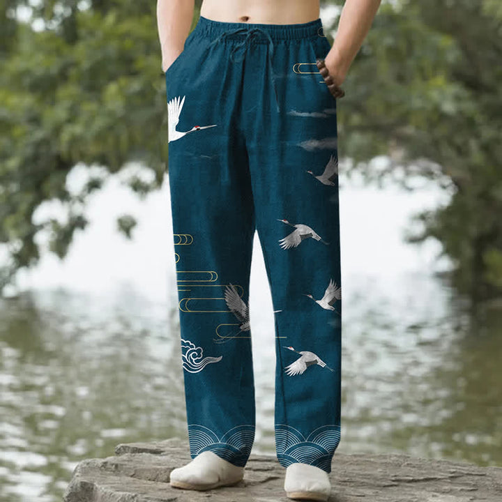 Buddha Stones Pantalon fuselé pour homme en coton blanc à motif de vagues et grues, avec poches - Sarcelle - US/UK/AU50，EU60 (5XL) - image 6