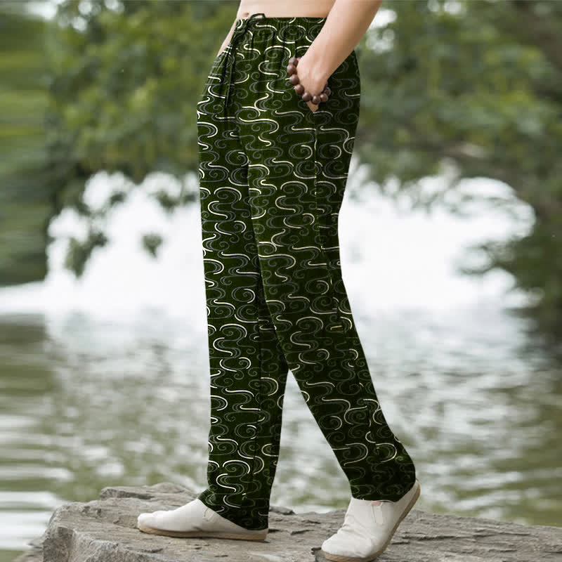 Buddha Stones Pantalon fuselé pour homme en coton blanc à motif vagues, avec poches - image 5
