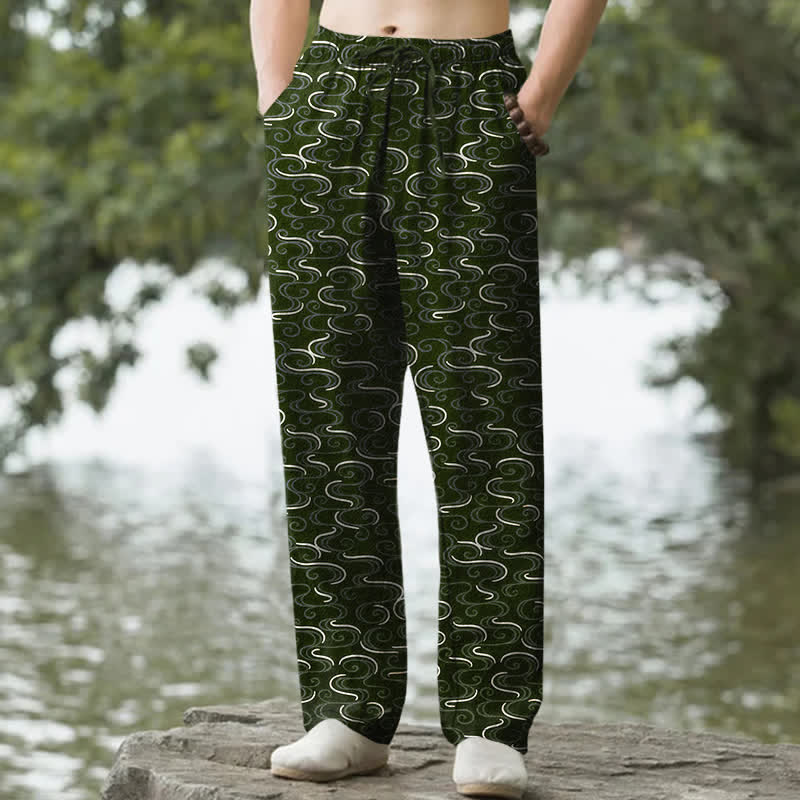 Buddha Stones Pantalon fuselé pour homme en coton blanc à motif vagues, avec poches - Vert olive foncé - US/UK/AU50，EU60 (5XL) - image 4