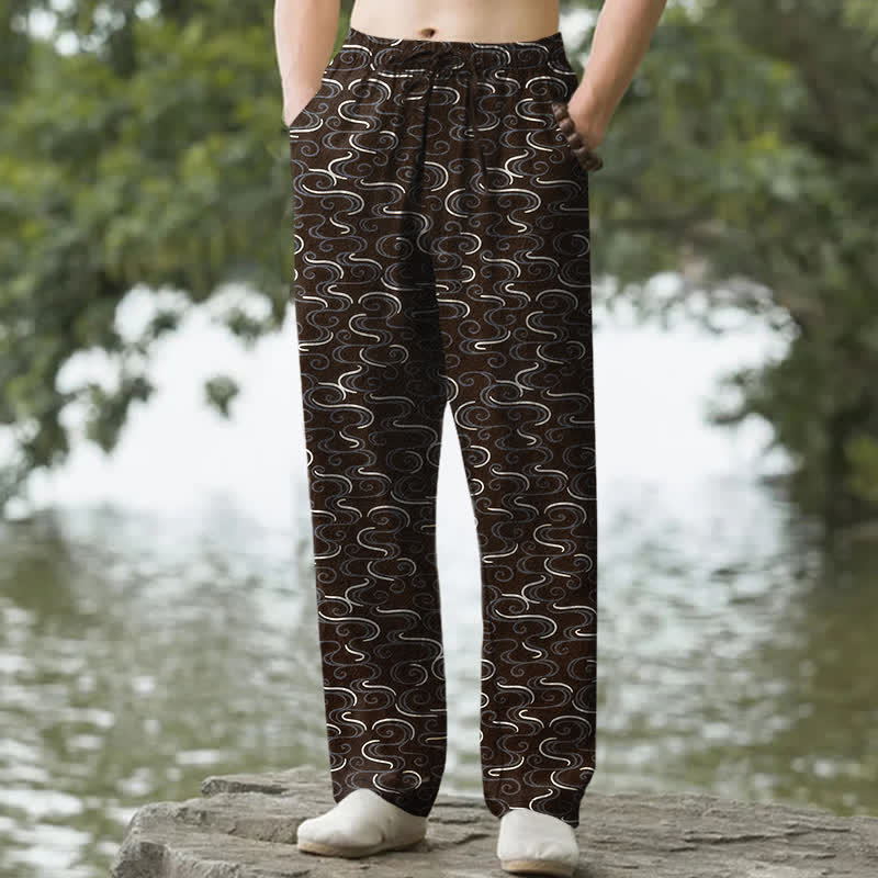 Buddha Stones Pantalon fuselé pour homme en coton blanc à motif vagues, avec poches - SaddleBrown - US/UK/AU50，EU60 (5XL) - image 6