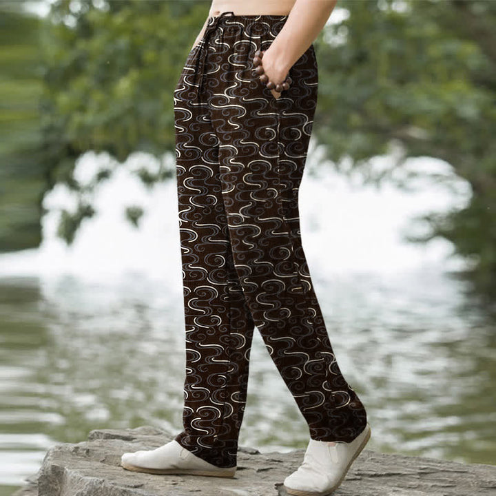 Buddha Stones Pantalon fuselé pour homme en coton blanc à motif vagues, avec poches - image 7