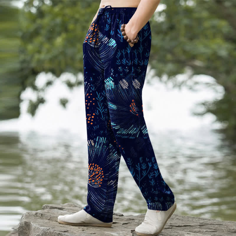 Buddha Stones Pantalon fuselé pour homme en coton à motif floral, avec poches - image 1