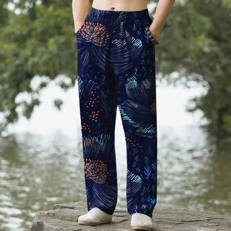 Buddha Stones Pantalon fuselé pour homme en coton à motif floral, avec poches - Marine - US/UK/AU50，EU60 (5XL) - image 0
