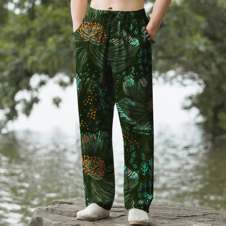 Buddha Stones Pantalon fuselé pour homme en coton à motif floral, avec poches - Vert foncé - US/UK/AU50，EU60 (5XL) - image 6