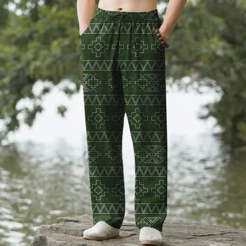 Buddha Stones Pantalon fuselé pour homme en coton blanc à motif géométrique tribal, avec poches - Vert forêt - US/UK/AU50，EU60 (5XL) - image 6