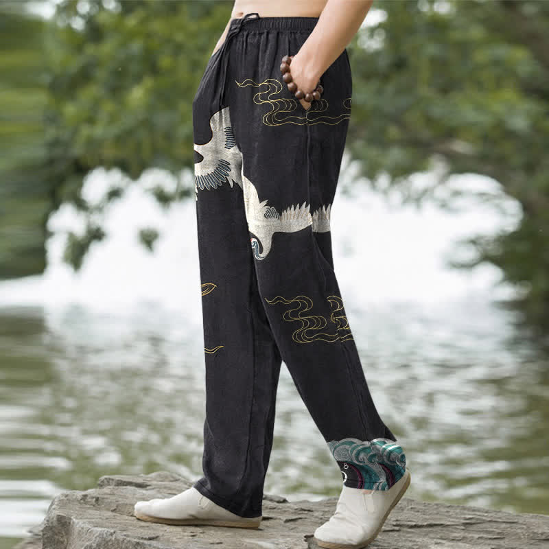 Buddha Stones Pantalon fuselé pour homme en coton à motif de grues, nuages ​​et vagues océaniques, avec poches - image 1