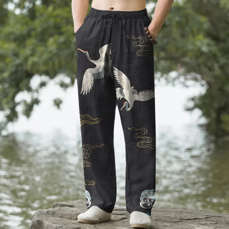 Buddha Stones Pantalon fuselé pour homme en coton à motif de grues, nuages ​​et vagues océaniques, avec poches - Noir - US/UK/AU50，EU60 (5XL) - image 0