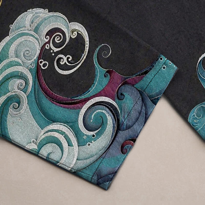 Buddha Stones Pantalon fuselé pour homme en coton à motif de grues, nuages ​​et vagues océaniques, avec poches - image 3