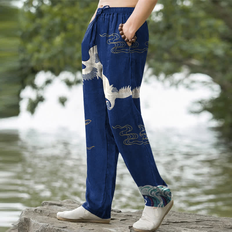 Buddha Stones Pantalon fuselé pour homme en coton à motif de grues, nuages ​​et vagues océaniques, avec poches - image 5