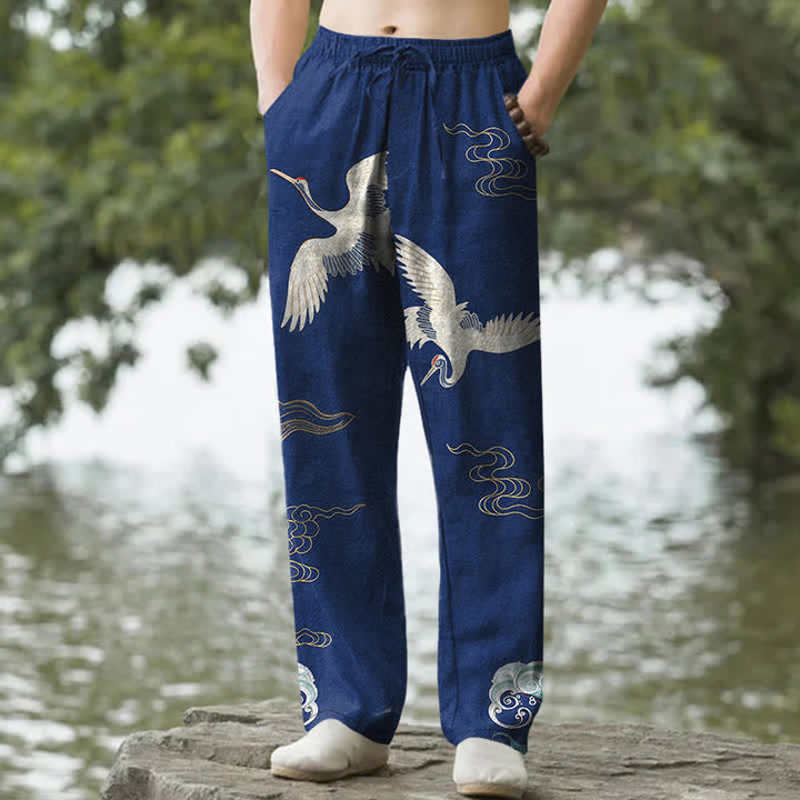 Buddha Stones Pantalon fuselé pour homme en coton à motif de grues, nuages ​​et vagues océaniques, avec poches - Marine - US/UK/AU50，EU60 (5XL) - image 4