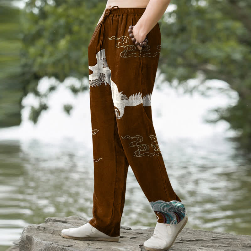 Buddha Stones Pantalon fuselé pour homme en coton à motif de grues, nuages ​​et vagues océaniques, avec poches - image 7