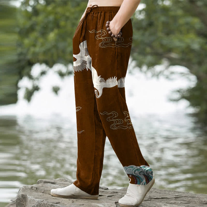 Buddha Stones Pantalon fuselé pour homme en coton à motif de grues, nuages ​​et vagues océaniques, avec poches - image 7