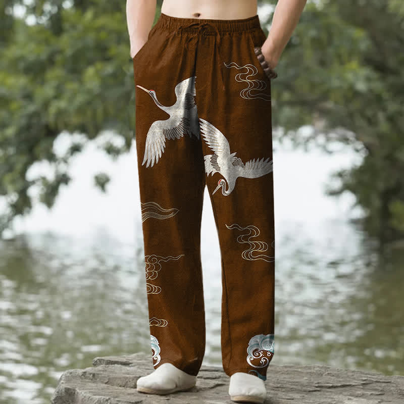 Buddha Stones Pantalon fuselé pour homme en coton à motif de grues, nuages ​​et vagues océaniques, avec poches - SaddleBrown - US/UK/AU50，EU60 (5XL) - image 6
