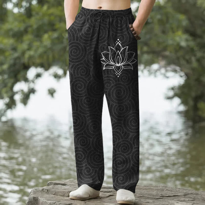 Buddha Stones Pantalon fuselé pour homme en coton blanc à motif spirale de lotus, avec poches - Noir - US/UK/AU50，EU60 (5XL) - image 0