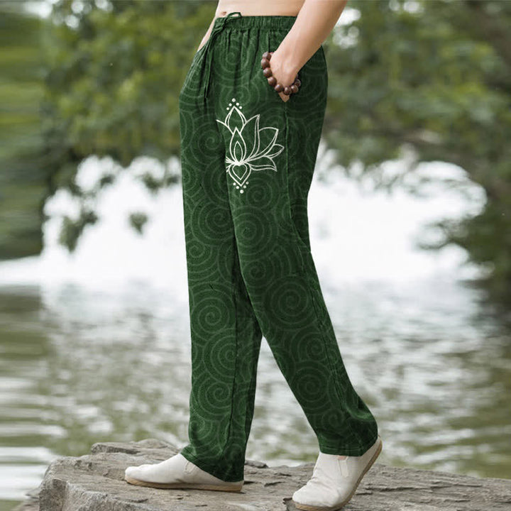 Buddha Stones Pantalon fuselé pour homme en coton blanc à motif spirale de lotus, avec poches - image 5
