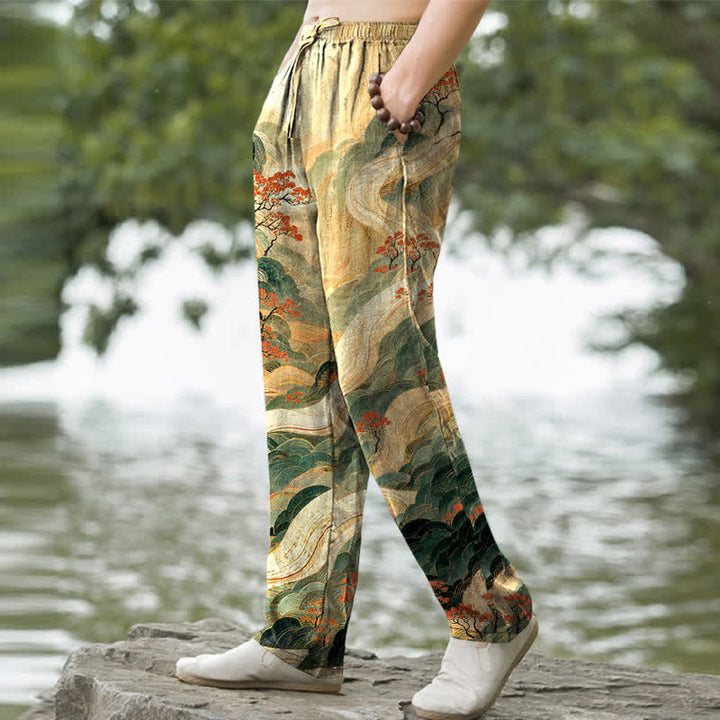 Buddha Stones Pantalon fuselé pour homme en coton à motif floral montagne et rivière, avec poches - image 1