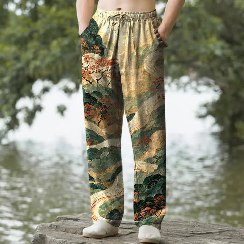 Buddha Stones Pantalon fuselé pour homme en coton à motif floral montagne et rivière, avec poches - Kaki - US/UK/AU50，EU60 (5XL) - image 0